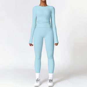 Women's Matching Yoga Outfit, 2 Piece Long Sleeve Crop Top & Leggings, Light Blue