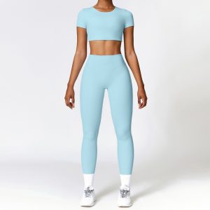 2 Piece Cropped Workout Set, Short Sleeve Top & High Waist Leggings, Light Blue