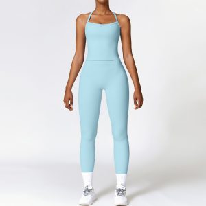 Women's Halter Yoga Outfit, 2 Piece Cami Top & High Waist Leggings, Light Blue